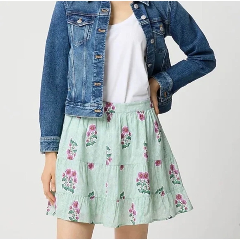 NWT J. Crew Factory M 100% Cotton Tiered Short Skirt Green Stripe‎ Floral Lined